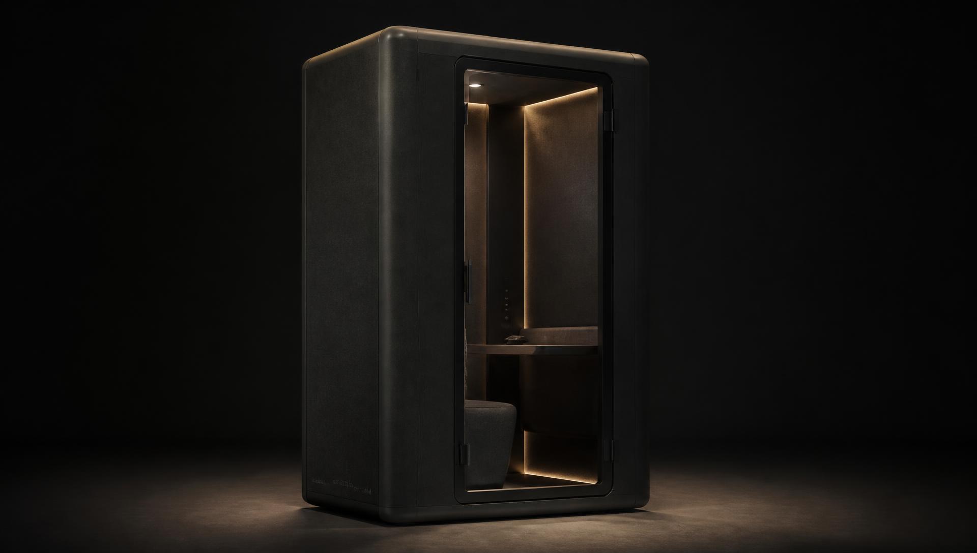 QuietNest acoustic office pod in a charcoal workplace interior with gold rim lighting